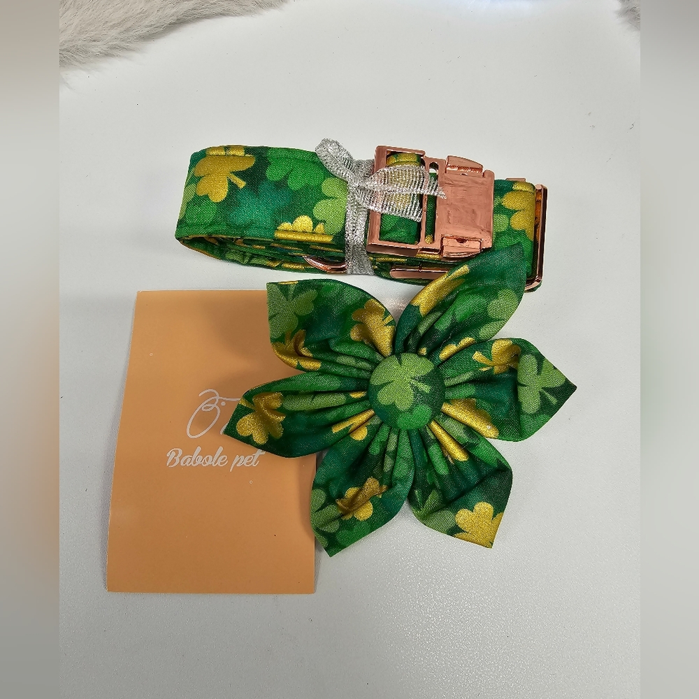 Babole Dog Collar with Flower Tie Green  Adjustable Collar